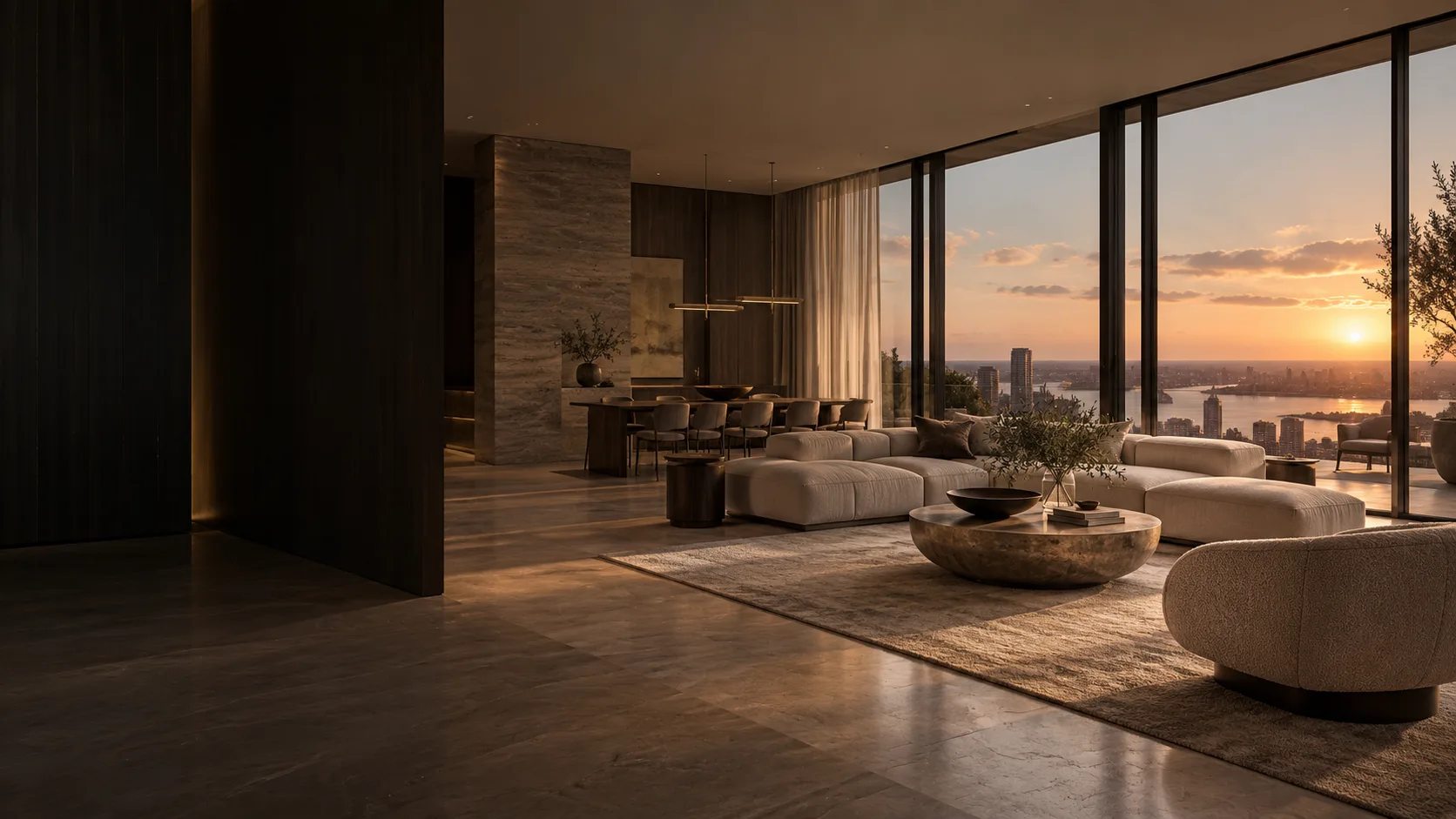 Interior residencial con ventanales y luz de atardecer